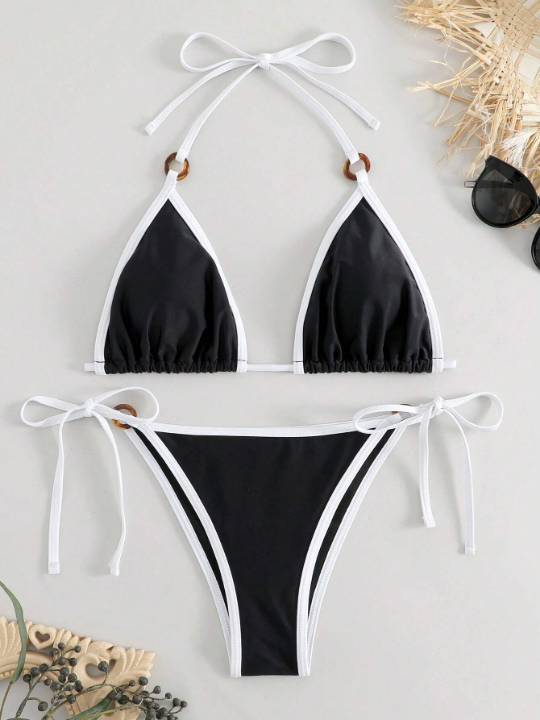 Swim Basics Color Block Halter Neck Separated Swimsuit Set With Contrast Trim