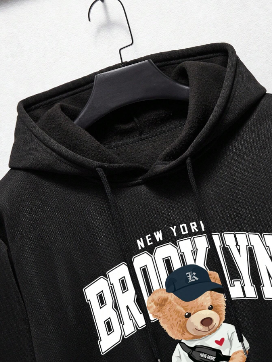 Men's Bear & Letter Pattern Drawstring Hooded Long Sleeve Sweatshirt