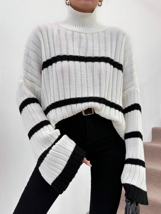Women's Color Block Striped Turtleneck Batwing Sleeve Sweater