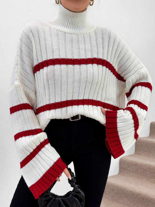 Women's Contrast Color Striped High Neck Batwing Sleeve Sweater