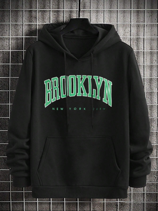 Manfinity Homme Men's Letter Printed Drawstring Hooded Fleece Sweatshirt