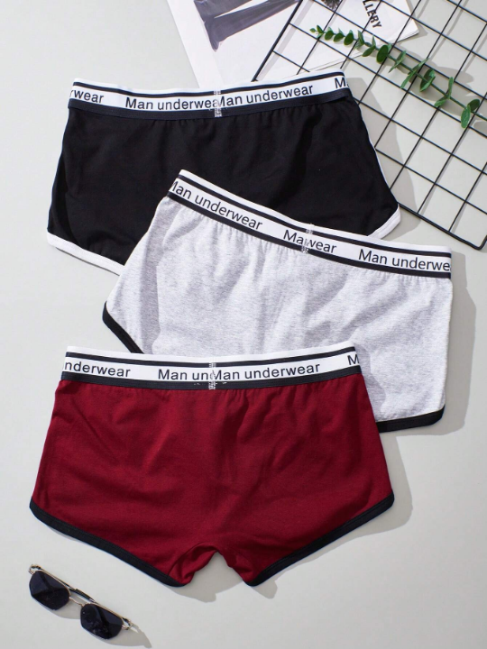 Men 3pcs Letter Graphic Contrast Binding Boxer Brief