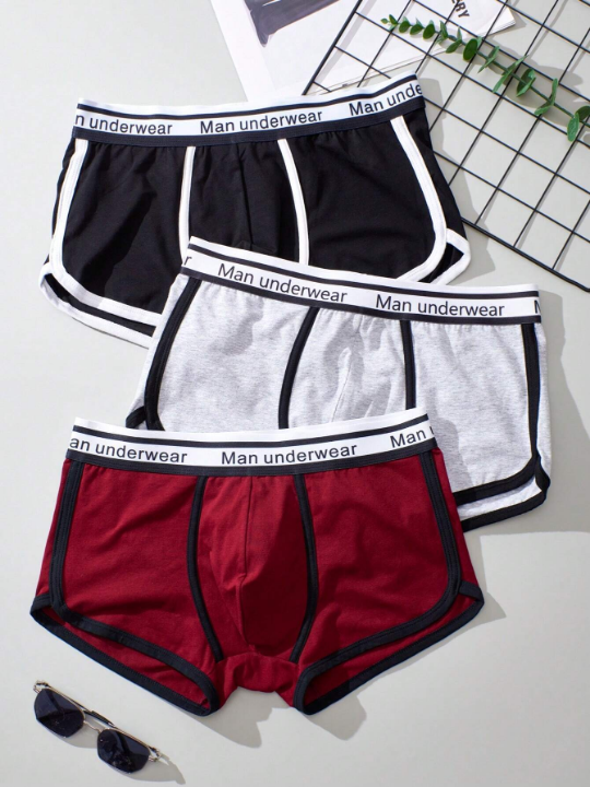 Men 3pcs Letter Graphic Contrast Binding Boxer Brief