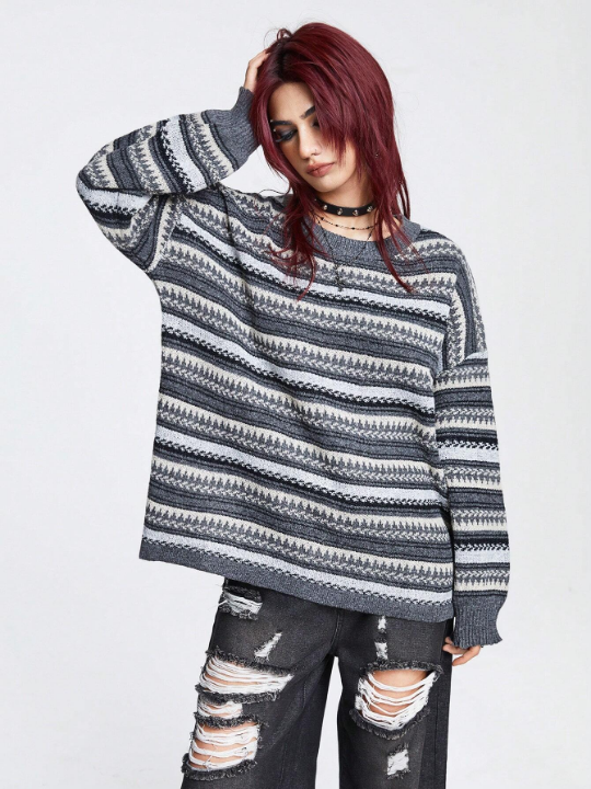 ROMWE Academia Geo Pattern Drop Shoulder Sweater