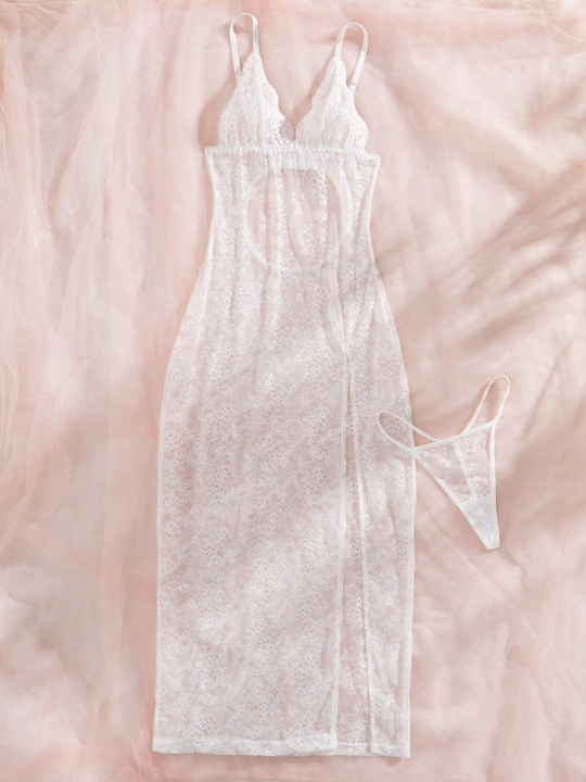 Women's High Side Split Perspective Lace Cami Dress + Thong Sexy Lingerie Set