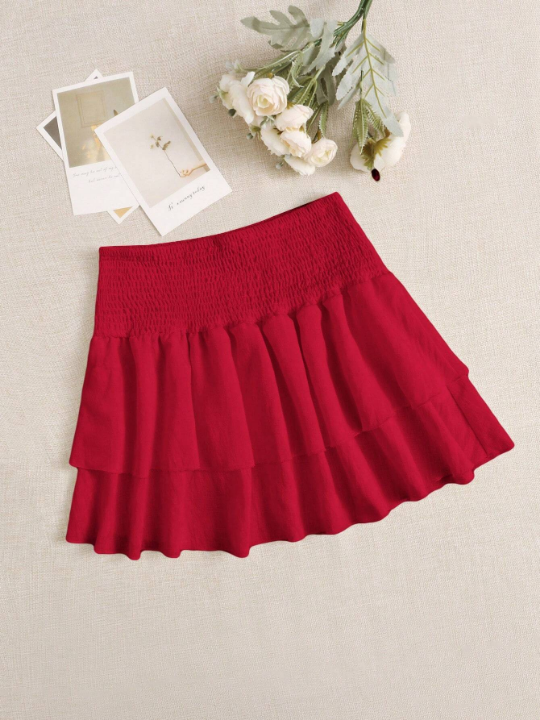 PETITE Women's Shirred-Waist Double Layer Ruffled Hem Skirt