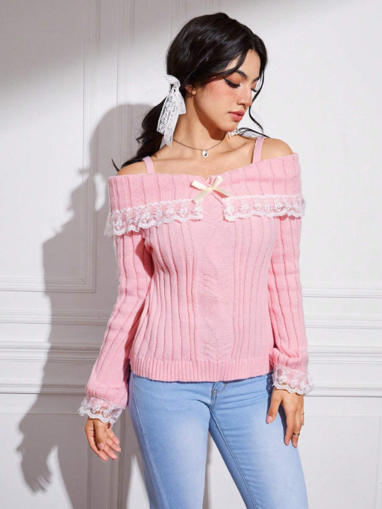 ROMWE Kawaii Contrast Lace Bow Front Cold Shoulder Sweater