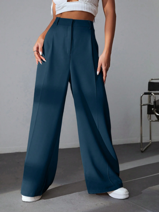 EZwear Solid Color Pleated Wide Leg Pants