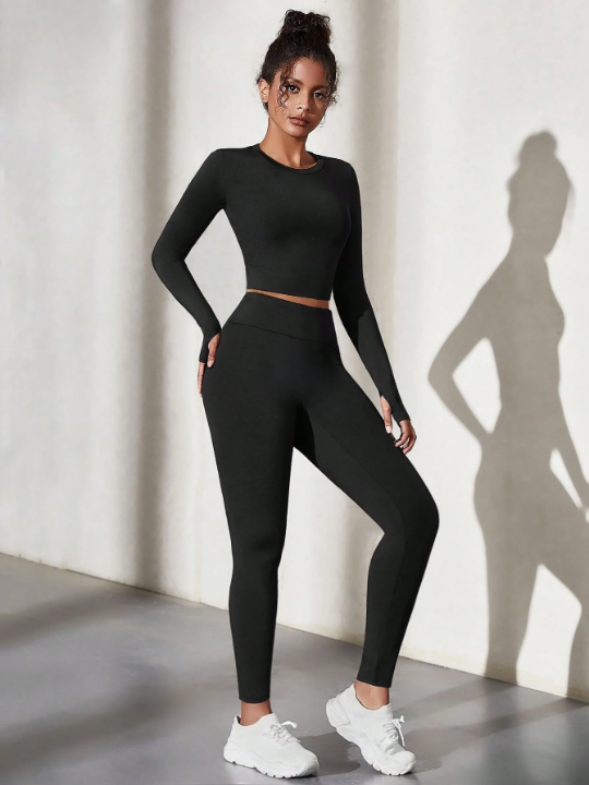 Solid Color Round Neck Sports Top Legging Set