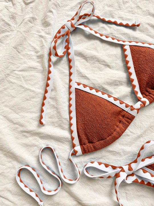 2024 New Arrival Stylish Sexy Bikini Swimsuit With Color Block Design And Tied Straps, 2pcs/Set