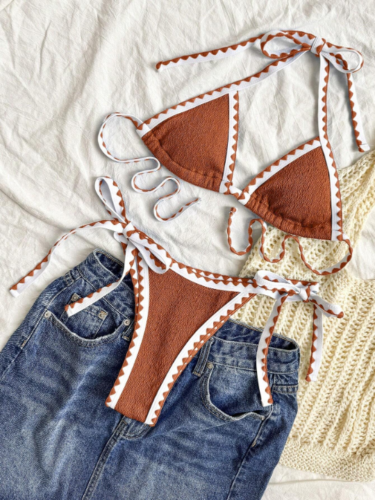 2024 New Arrival Stylish Sexy Bikini Swimsuit With Color Block Design And Tied Straps, 2pcs/Set