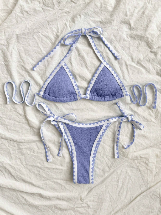 2024 New Arrival Sexy Color Block Tie Strap Bikini Set With Edging Design