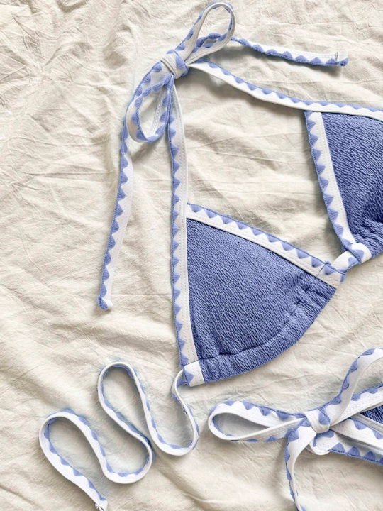 2024 New Arrival Sexy Color Block Tie Strap Bikini Set With Edging Design
