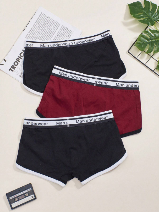 Men's 3pcs/Set Fashionable Letter Print Waistband Color Block Briefs With Wrapped Edge And Right Angle Design