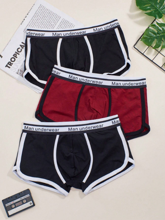 Men's 3pcs/Set Fashionable Letter Print Waistband Color Block Briefs With Wrapped Edge And Right Angle Design