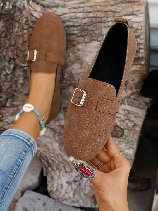 Women's Brown Fashionable Metal Buckle Flat Shoes