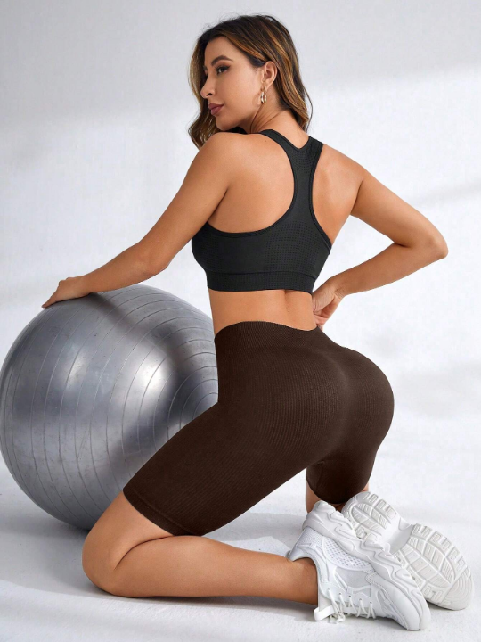 Yoga Basic Rib-Knit Seamless Sports Biker Shorts Brown Shorts