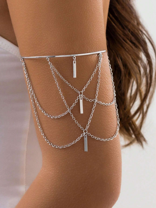 1pc Women's Punk Style Adjustable Arm Chain With Metal Chain & Tassel Design, Vacation & Beach Style Open Bangle Bracelet