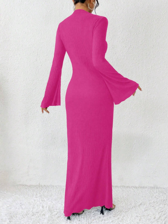 Priv Solid Color Textured Flare Sleeve Mermaid Hem Dress