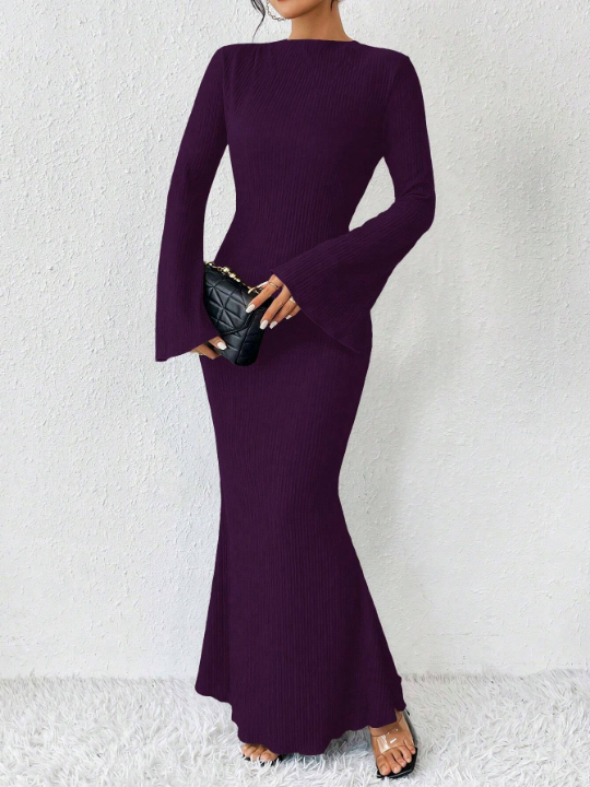 Priv Solid Color Round Neck Flare Sleeve Mermaid Hem Dress