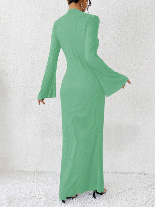 Priv Solid Color Textured Trumpet Sleeve & Mermaid Hem Dress