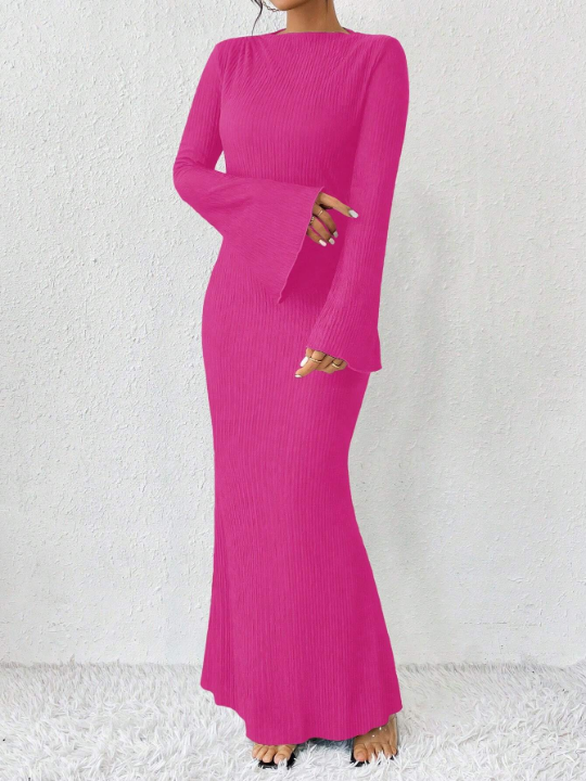 Priv Solid Color Textured Flare Sleeve Mermaid Hem Dress