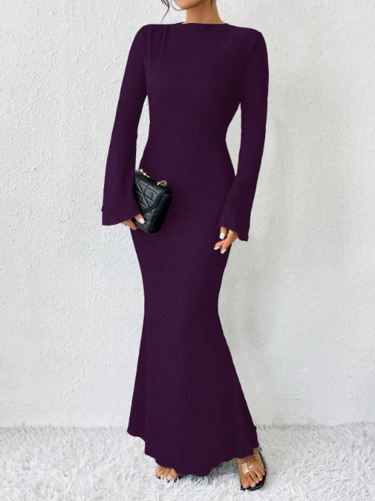 Priv Solid Color Round Neck Flare Sleeve Mermaid Hem Dress