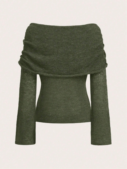 ROMWE Fairycore Trumpet Sleeve Foldover Front Ruched Sweater
