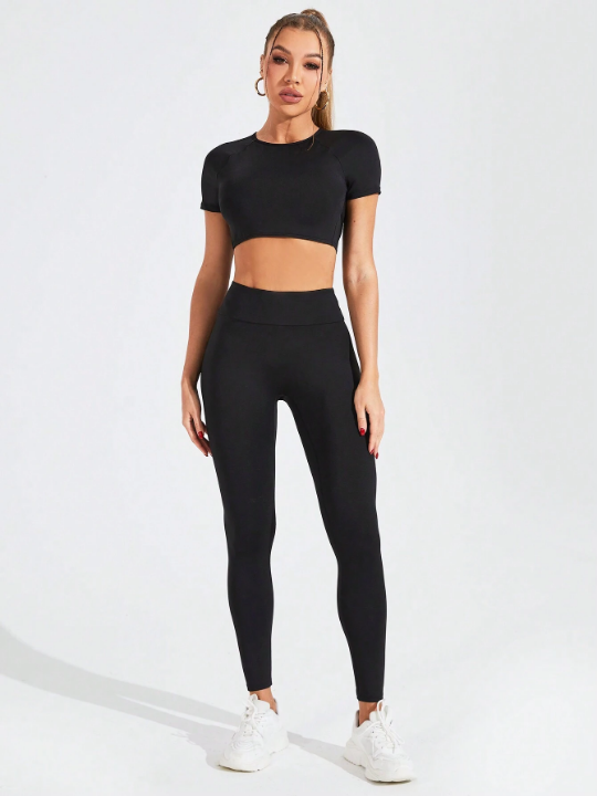 Daily&Casual Solid Color Casual Backless Crop Top & High Waist Slim Leggings With Drawstring