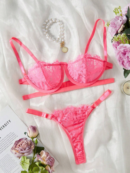 Neon Pink Floral Lace Lingerie Set