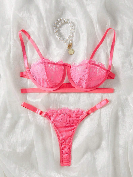 Neon Pink Floral Lace Lingerie Set