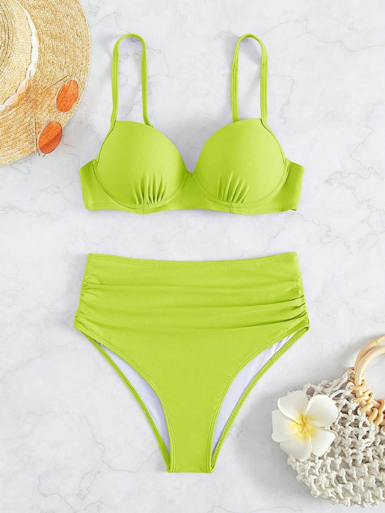 Swim Vcay Solid Color Fold & Splice Swimwear With Underwire Support