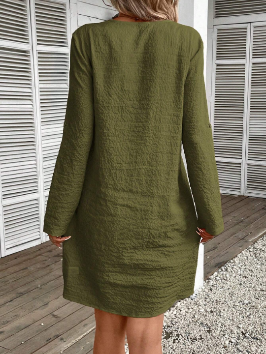 LUNE Textured Zipper Half-Buttoned Dress With Patch Pockets