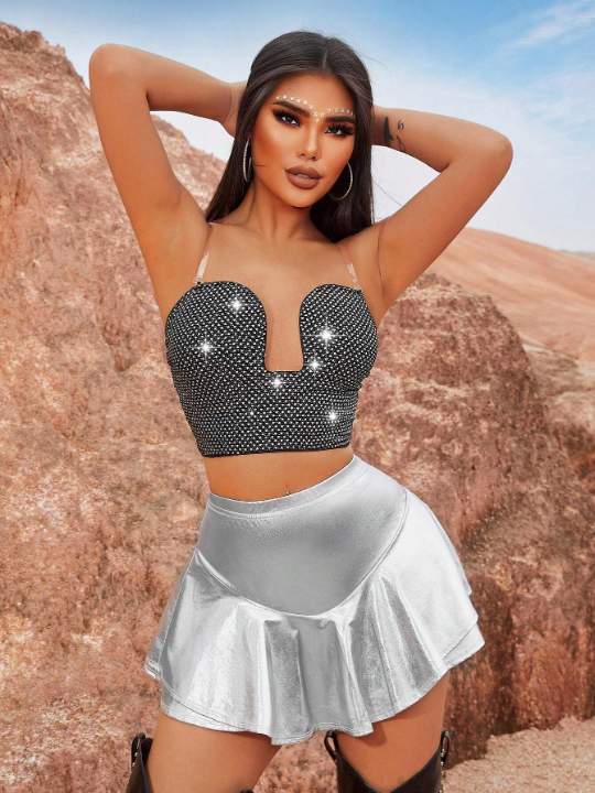 SXY Music Festival Festival Outfits Birthday Outfit Party Metallic Elastic Waist Mini Skirt Shorts