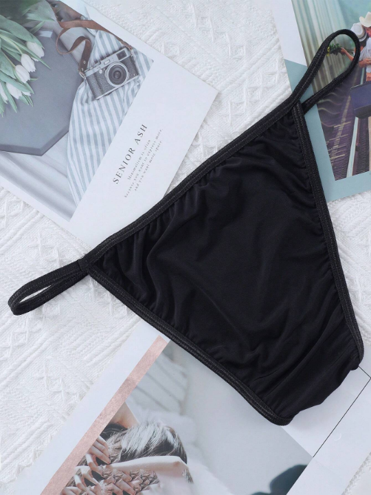 Men's Low-Waist Elastic Butt Triangle Bikini Underwear Ice Silk Sexy Sheer Thin Convex Pouch Black Briefs