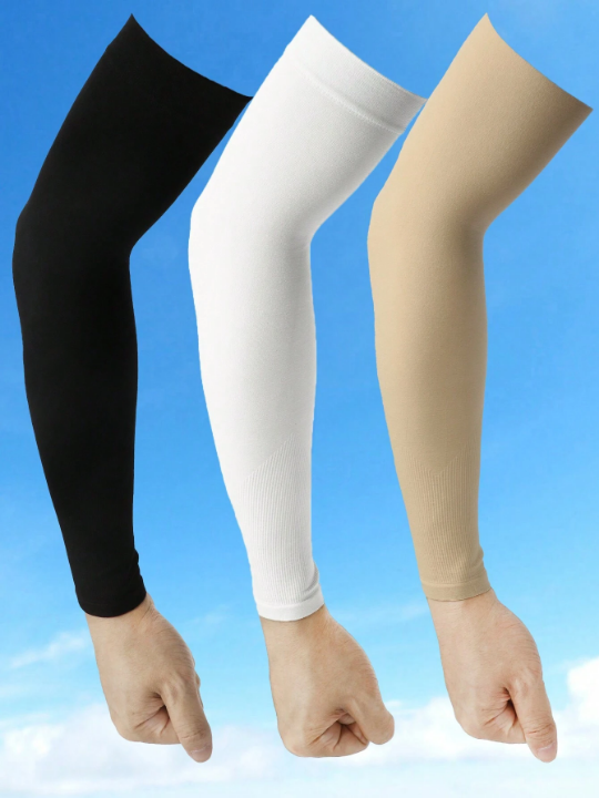 3pairs/Set Men's Uv Protection Thin, Breathable And Elastic Cooling Arm Sleeves Without Finger Holes In Solid Black, White And Brown Color For Outdoor Activities