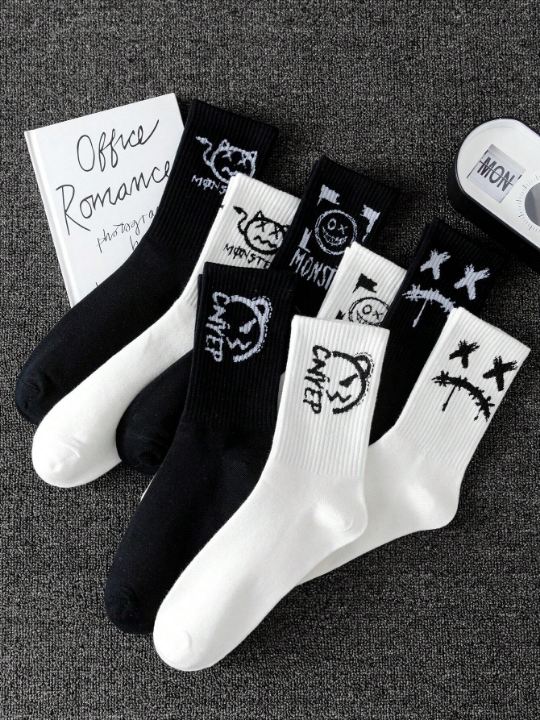 10pairs/Set Random Men's Creatively Cute & Funny Graffiti Trendy Mid-Calf Couple Socks (Black & White)