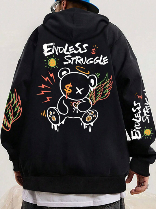 Men Bear And Letter Graphic Drawstring Hoodie