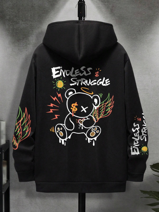 Men Bear And Letter Graphic Drawstring Hoodie