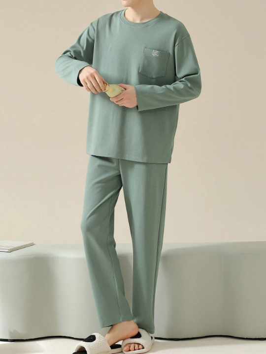 2pcs/Set Men's Leisure Wide Plain Long Sleeve Tops And Pants Homewear With Letter Print