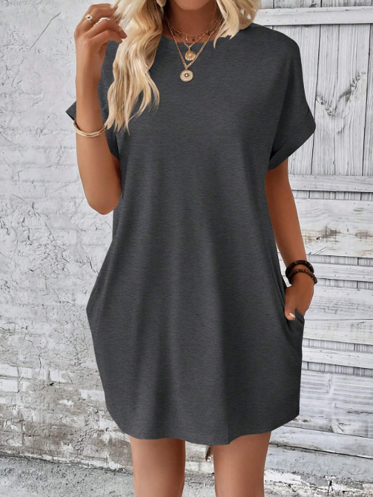 LUNE Solid Color Batwing Sleeve Dress With Diagonal Pockets