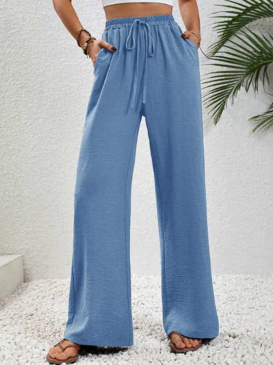LUNE Women's Solid Color High Waisted Tie Waist Long Pants With Pockets
