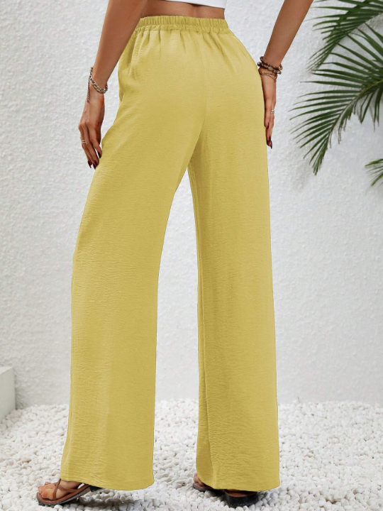 LUNE Solid Color Elastic Waist Wide Leg Pants With Slanted Pockets
