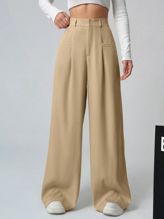 EZwear Women's Solid Color Pleated Wide-Leg Pants