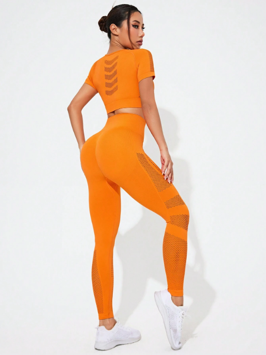 Women's Seamless High Elasticity Yoga Sportswear Set, Mesh Short Sleeve Top And Long Pants Workout Set