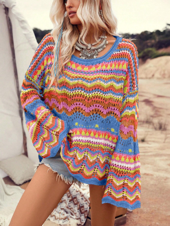VCAY Contrasting Color Hollow Out Knit Loose Pullover Sweater