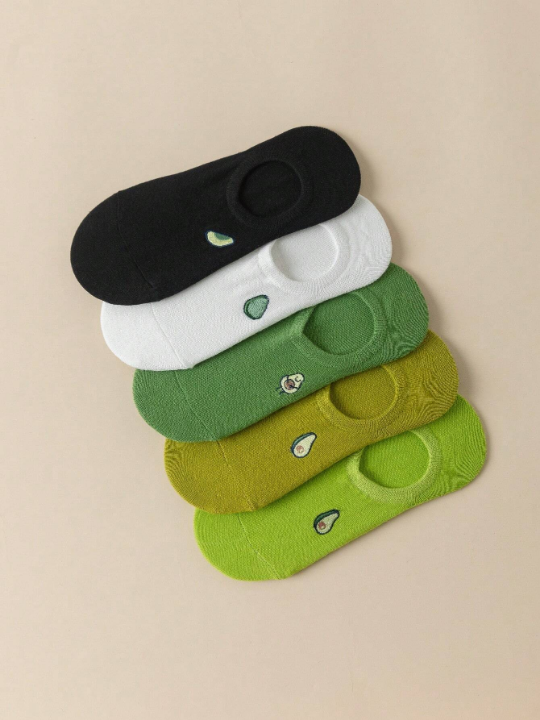 5pairs Mixed Color Avocado Pattern Boat Socks, Suitable For Spring And Summer