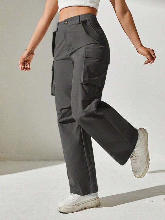 PETITE Solid Flap Pocket Cargo Black Pants