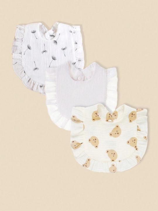 3pcs Floral Muslin Baby Bibs With Ruffle Trim