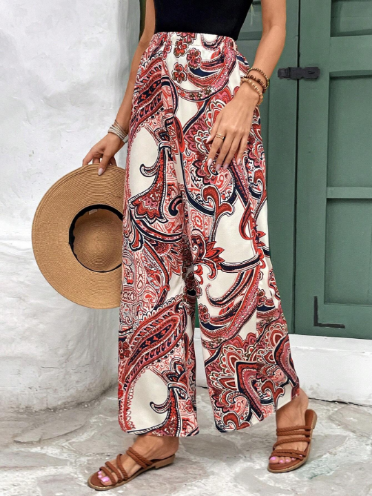 Frenchy Frenchy Ladies' Paisley Print Casual Vacation For Music Festival In Summer Straight Wide Leg Pants With Elastic Waist For Casual Wear